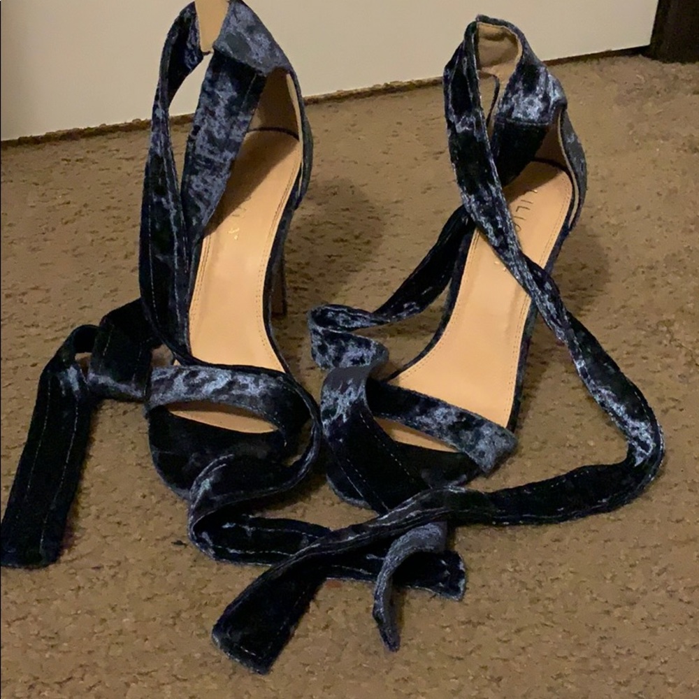 Liliana Blue Crushed Velvet Ankle Wrap Heels
